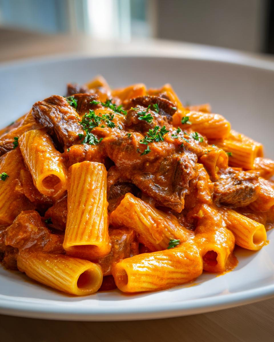 Nahaufnahme von Rigatoni mit Steakstreifen in einer reichhaltigen Tomaten-Sahne-Sauce, garniert mit Petersilie.