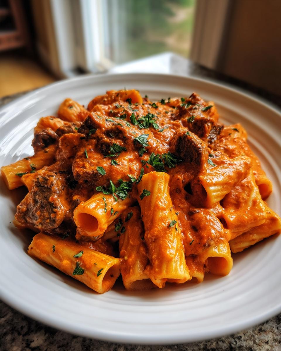 Nahaufnahme von Rigatoni mit Steakstreifen in Tomaten-Sahne-Sauce, garniert mit frischer Petersilie.