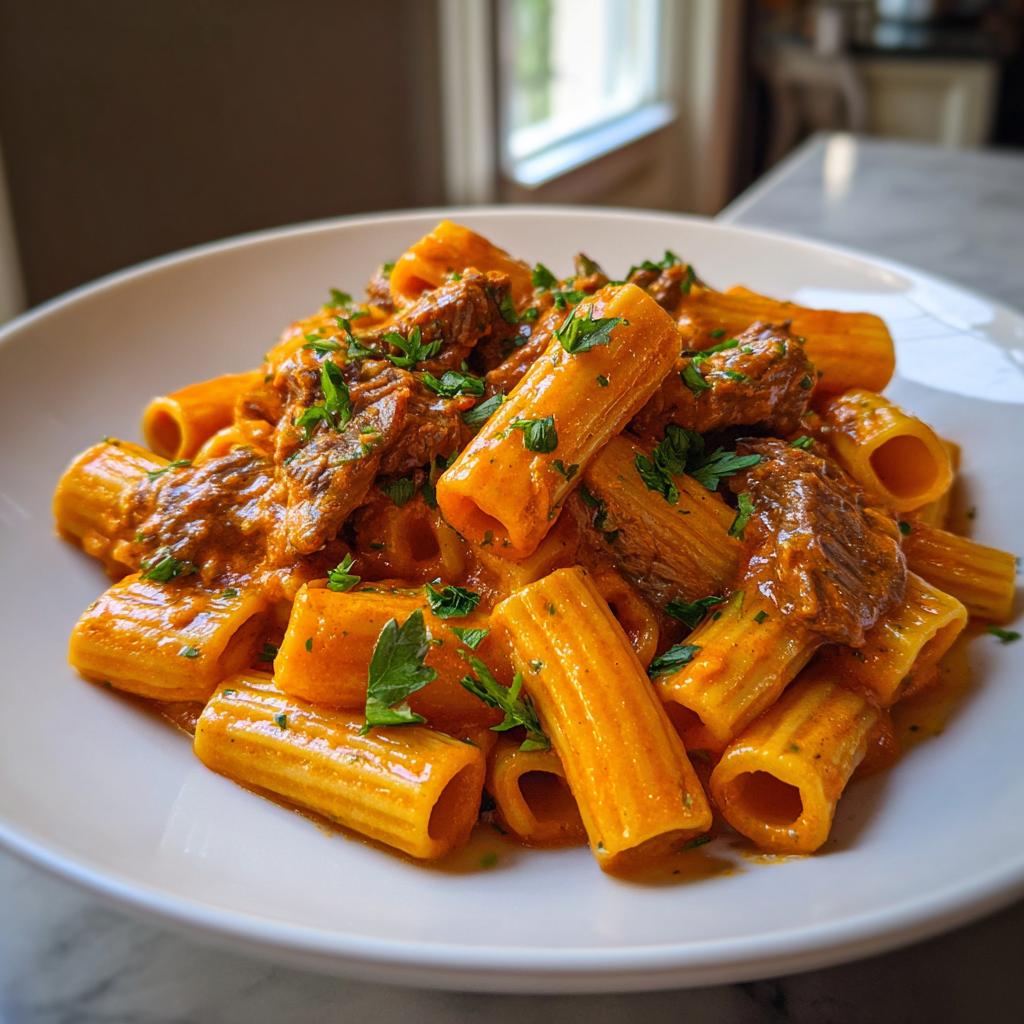 Nahaufnahme von Rigatoni mit Steakstreifen in Tomaten-Sahne-Sauce, garniert mit Petersilie.