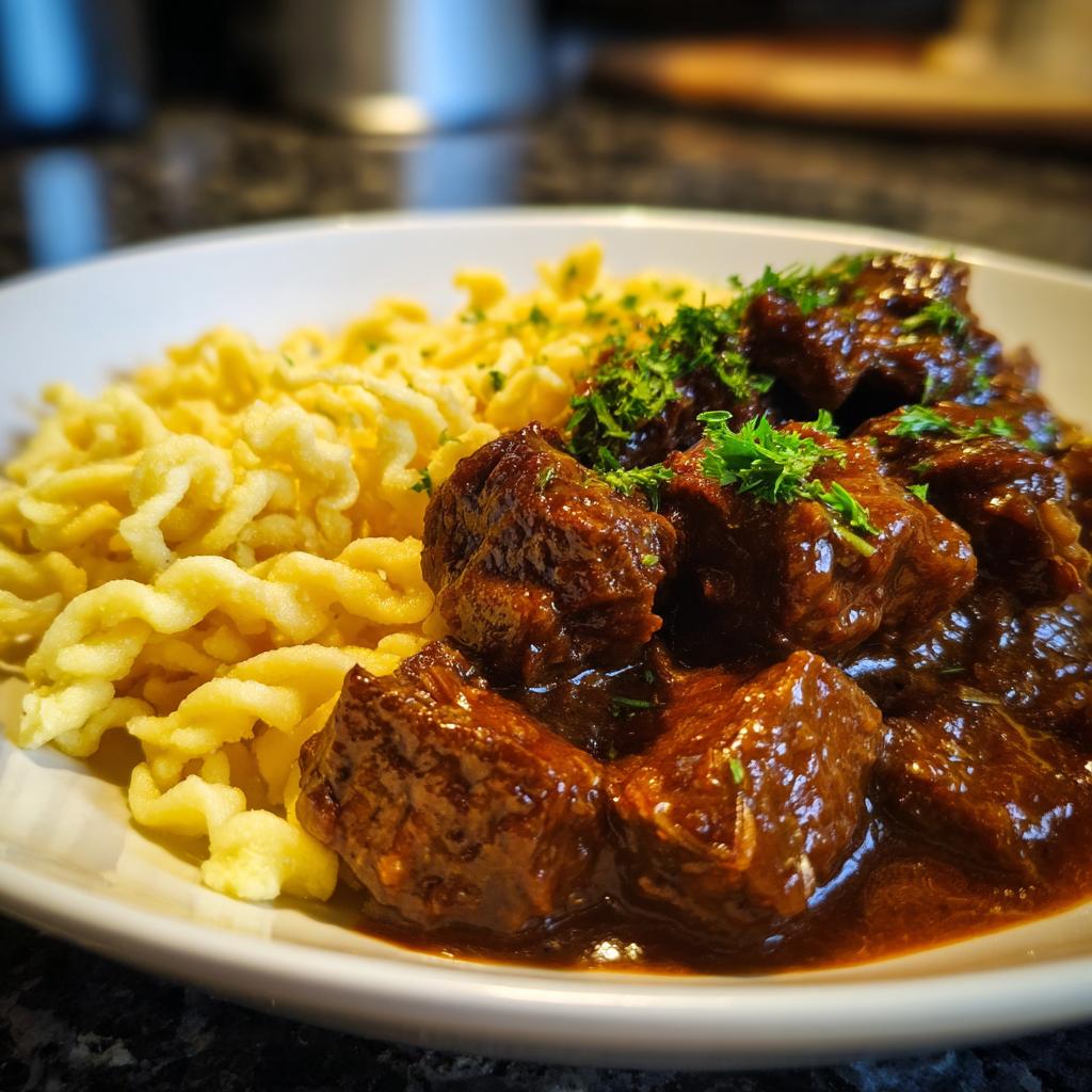 Nahaufnahme von saftigem Rindergulasch mit dunkler Soße und lockeren Spätzle, garniert mit Petersilie.