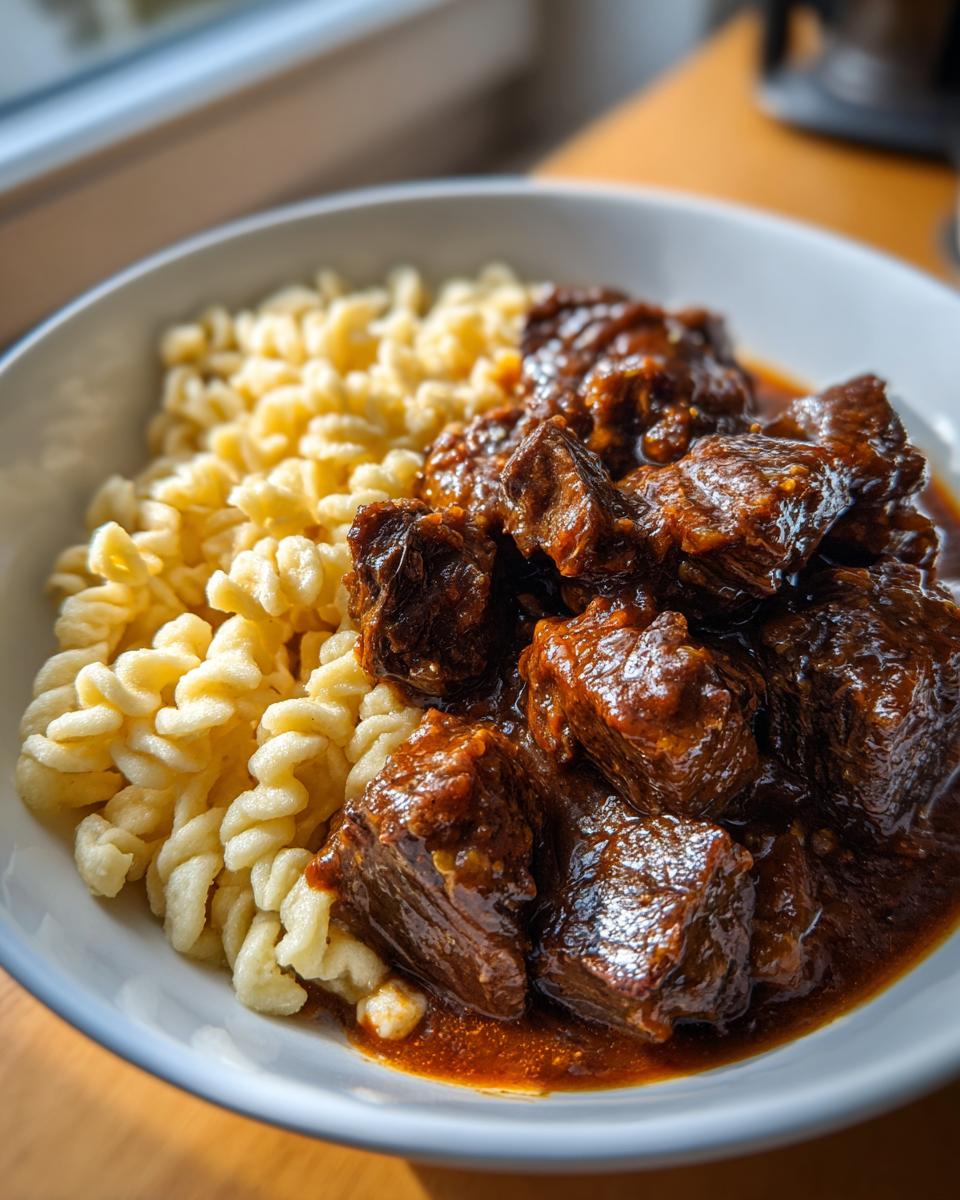 Nahaufnahme von saftigem Rindergulasch mit dunkler Sauce und lockeren Spätzle in einer weißen Schüssel.