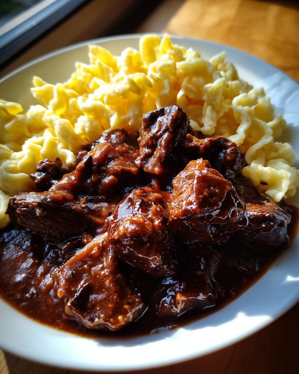 Nahaufnahme von saftigem Rindergulasch mit dunkler Soße und einer Portion hausgemachter Spätzle auf einem weißen Teller.