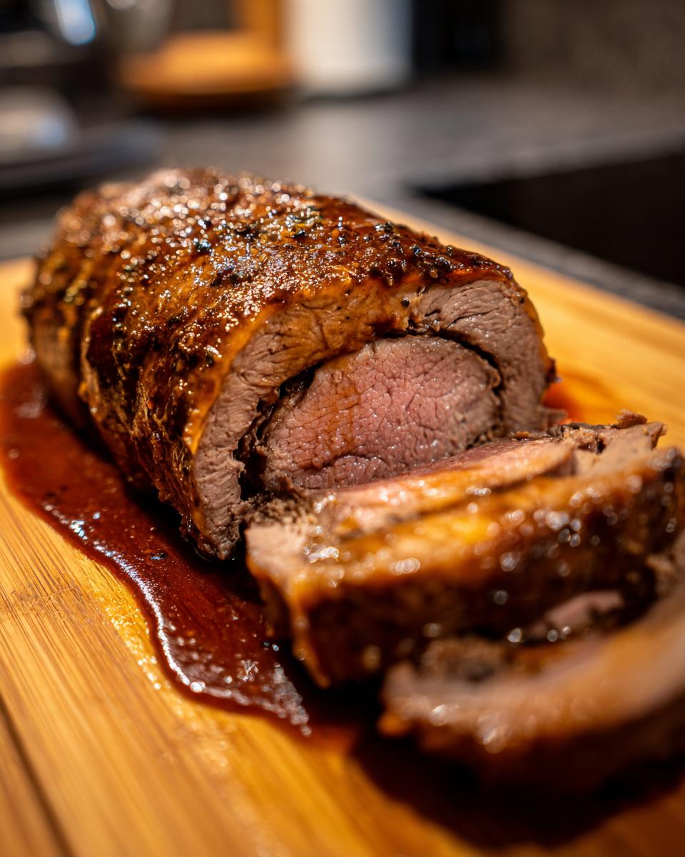 Aufgeschnittene, saftige Rinderrouladen in dunkler Bratensauce auf einem Holzbrett, innen rosa.