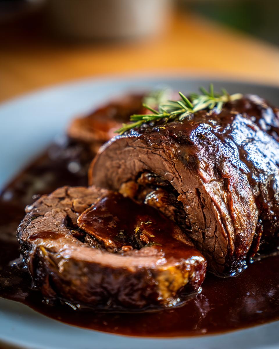Aufgeschnittene Rinderrouladen in dunkler Bratensauce, garniert mit Rosmarin.