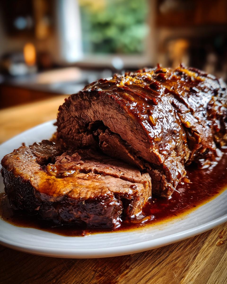 Nahaufnahme von saftigen Rinderrouladen in dunkler Bratensauce, eine Scheibe ist bereits abgeschnitten.