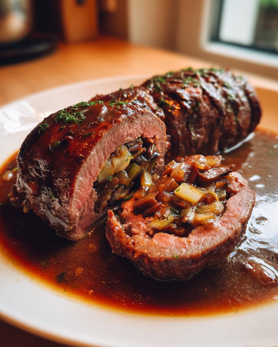 Anschnitt einer saftigen Rinderroulade Hausfrauenart, übergossen mit dunkler Zwiebelsoße auf einem weißen Teller.