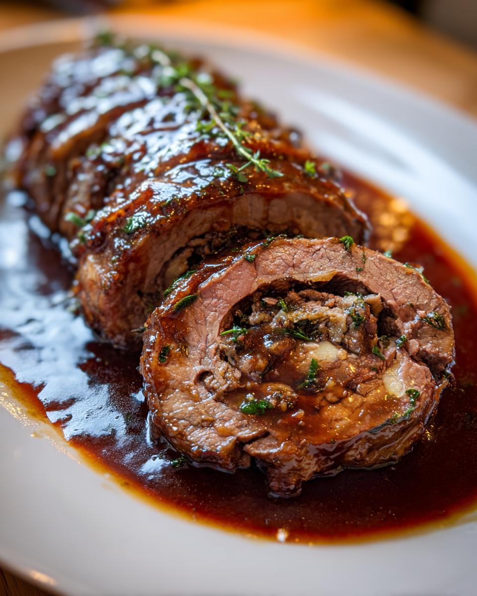 Nahaufnahme von aufgeschnittenen Rinderrouladen in dunkler Bratensauce, üppig mit Kräutern garniert.
