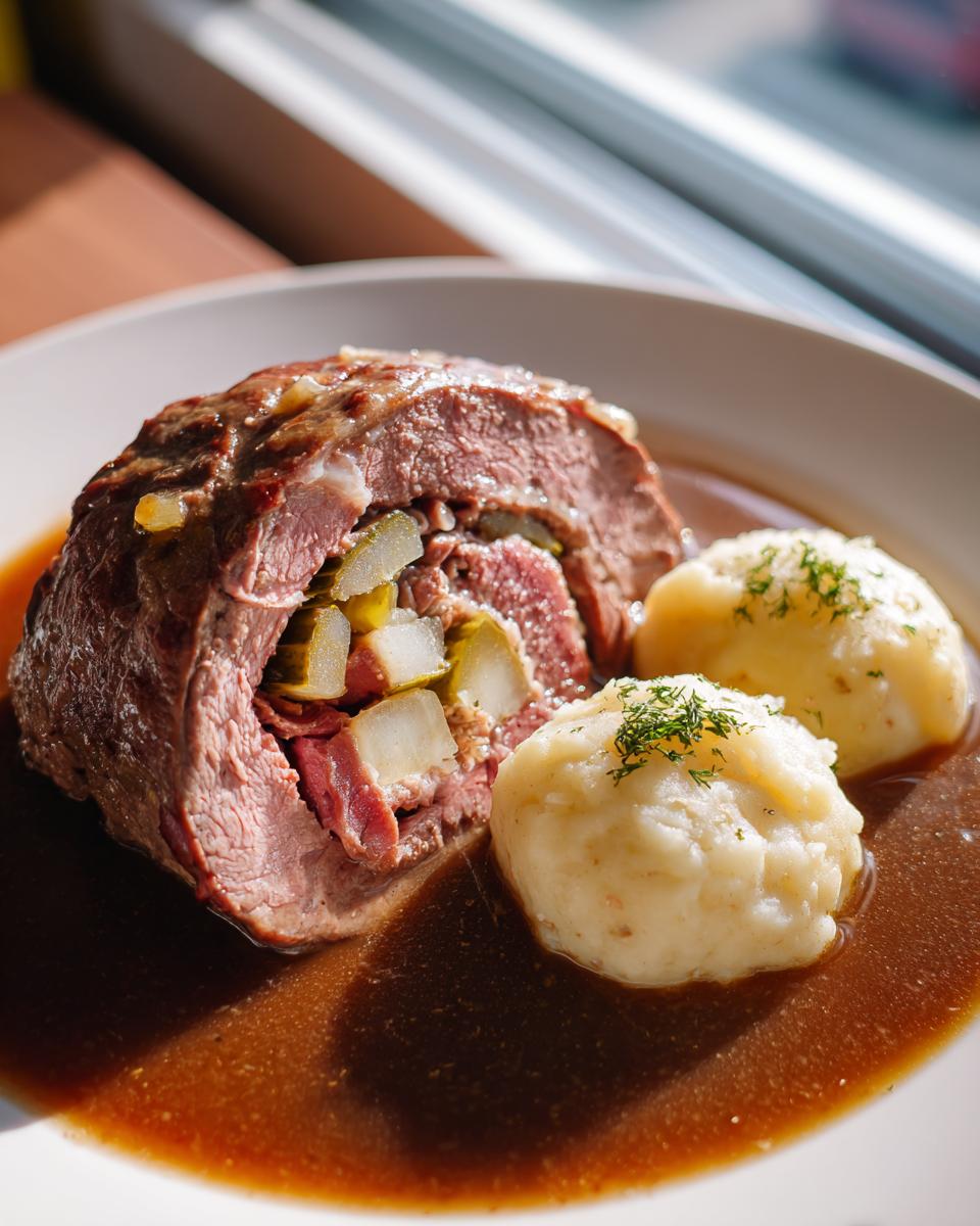 Anschnitt einer saftigen Rinderroulade gefüllt mit Gurken und Speck, serviert mit Kartoffelklößen in dunkler Soße.