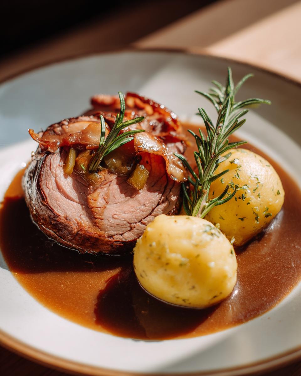 Angeschnittene Rinderrouladen mit Kartoffelklößen in dunkler Soße, garniert mit Rosmarin.