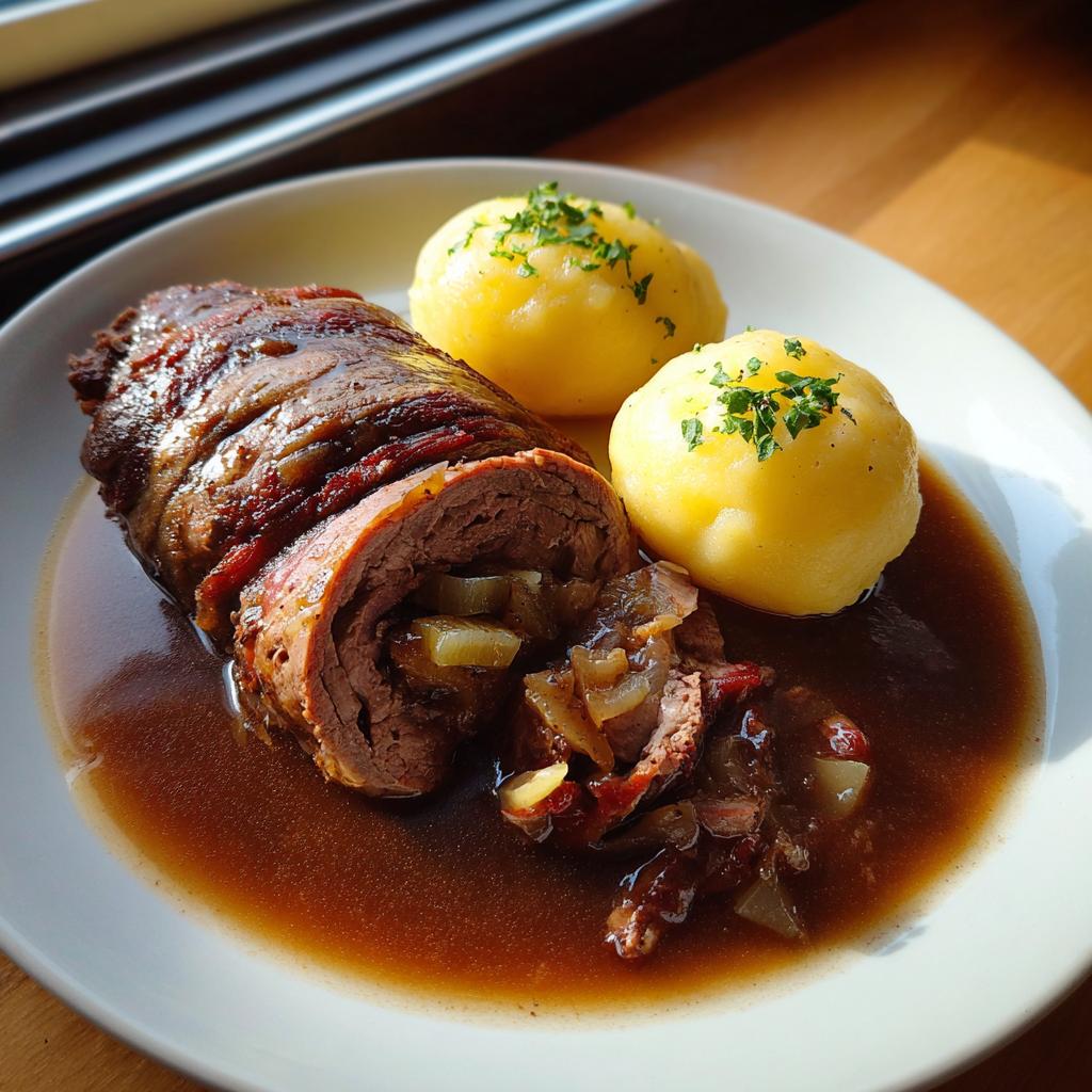 Ein aufgeschnittenes Stück Rinderrouladen mit Kartoffelklößen in dunkler Soße.