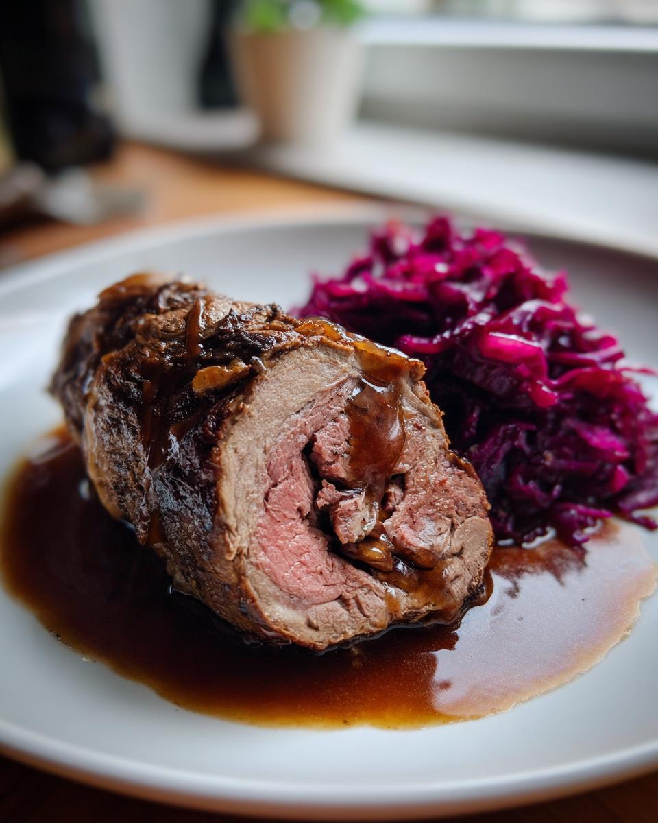 Ein aufgeschnittenes Stück Rinderrouladen klassisch mit Rotkohl und dunkler Soße auf einem weißen Teller.
