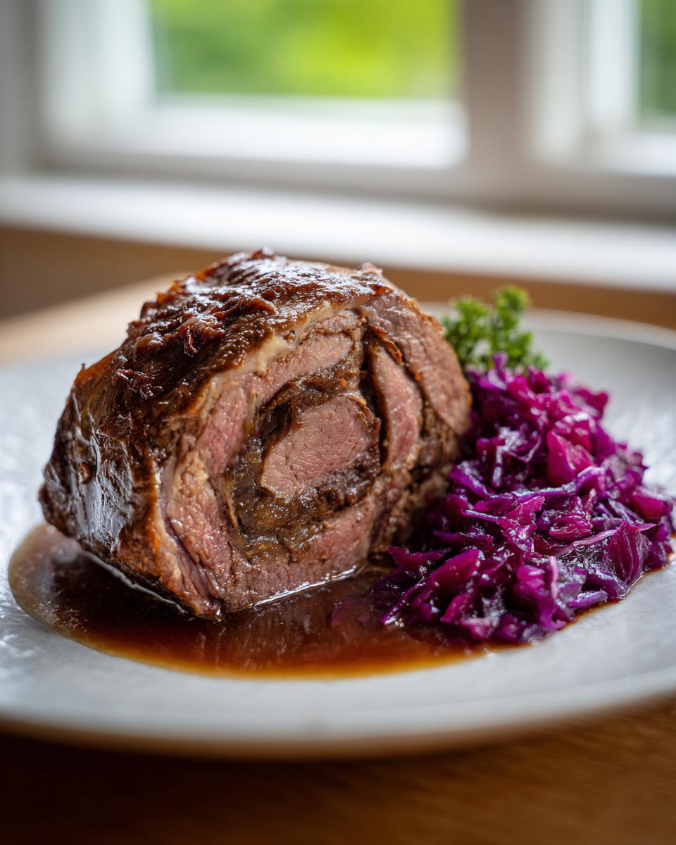 Ein aufgeschnittener Anschnitt von Rinderrouladen klassisch mit Rotkohl und dunkler Soße auf einem Teller.