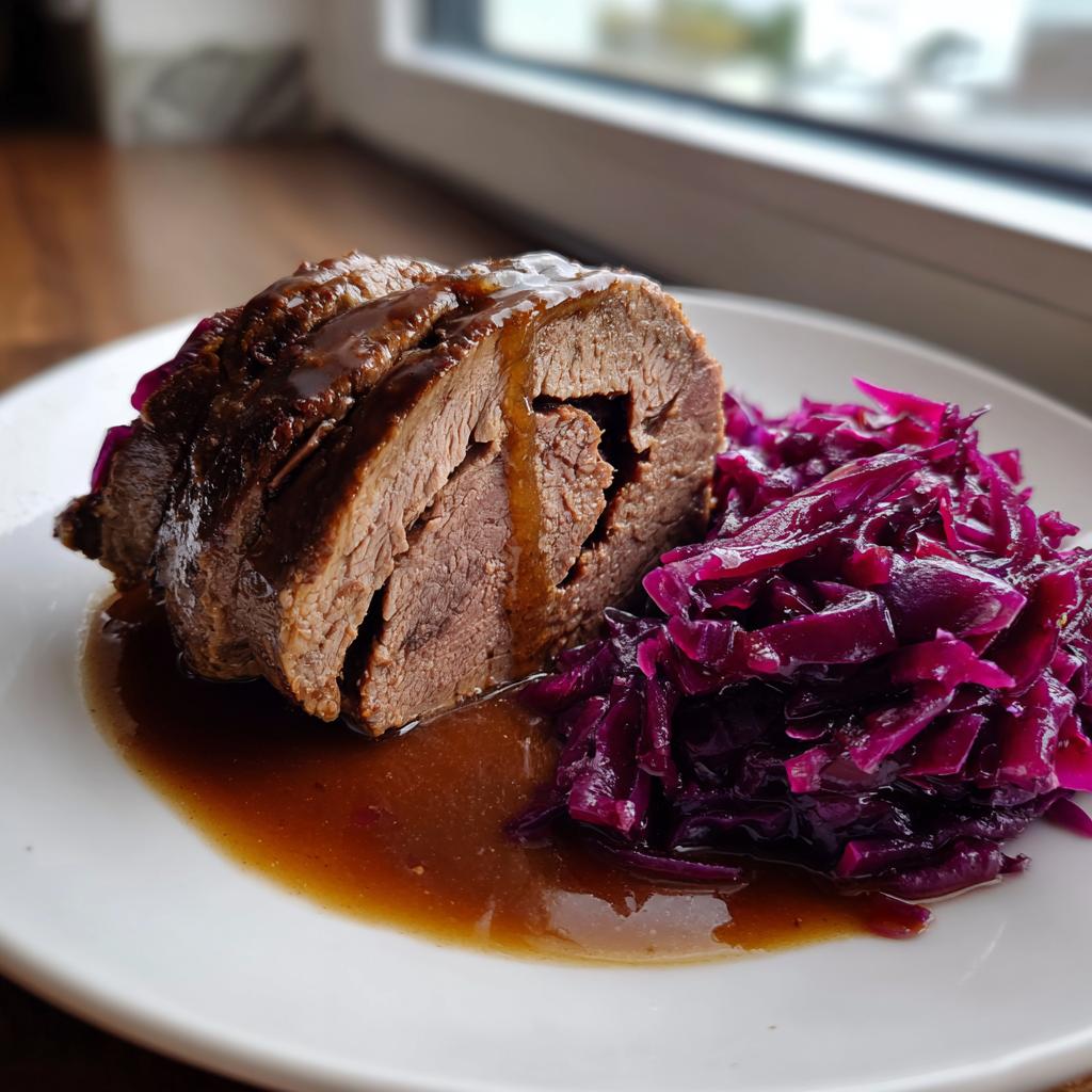 Ein aufgeschnittenes Stück Rinderrouladen klassisch mit Rotkohl und dunkler Soße auf einem weißen Teller.