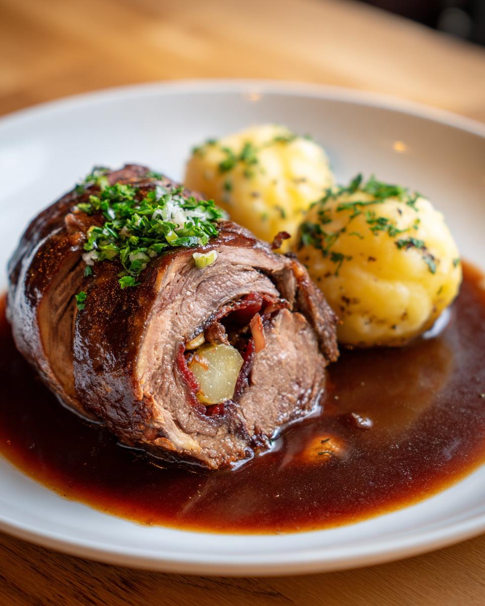 Ein aufgeschnittener Teller mit saftigen Rinderrouladen mit Kartoffelklößen in dunkler Soße.