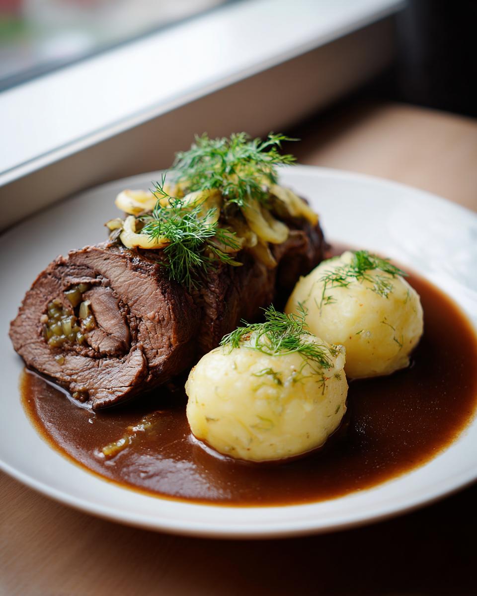 Anschnitt einer saftigen Rinderroulade mit Kartoffelklößen in dunkler Soße, garniert mit Dill.