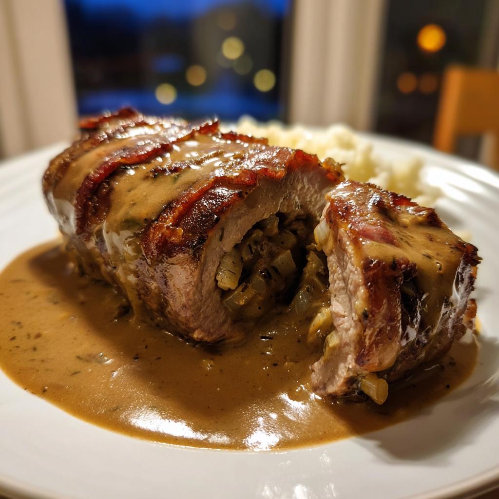 Anschnitt einer Rinderroulade mit Rahmsauce, gefüllt mit Zwiebeln, auf einem Teller.