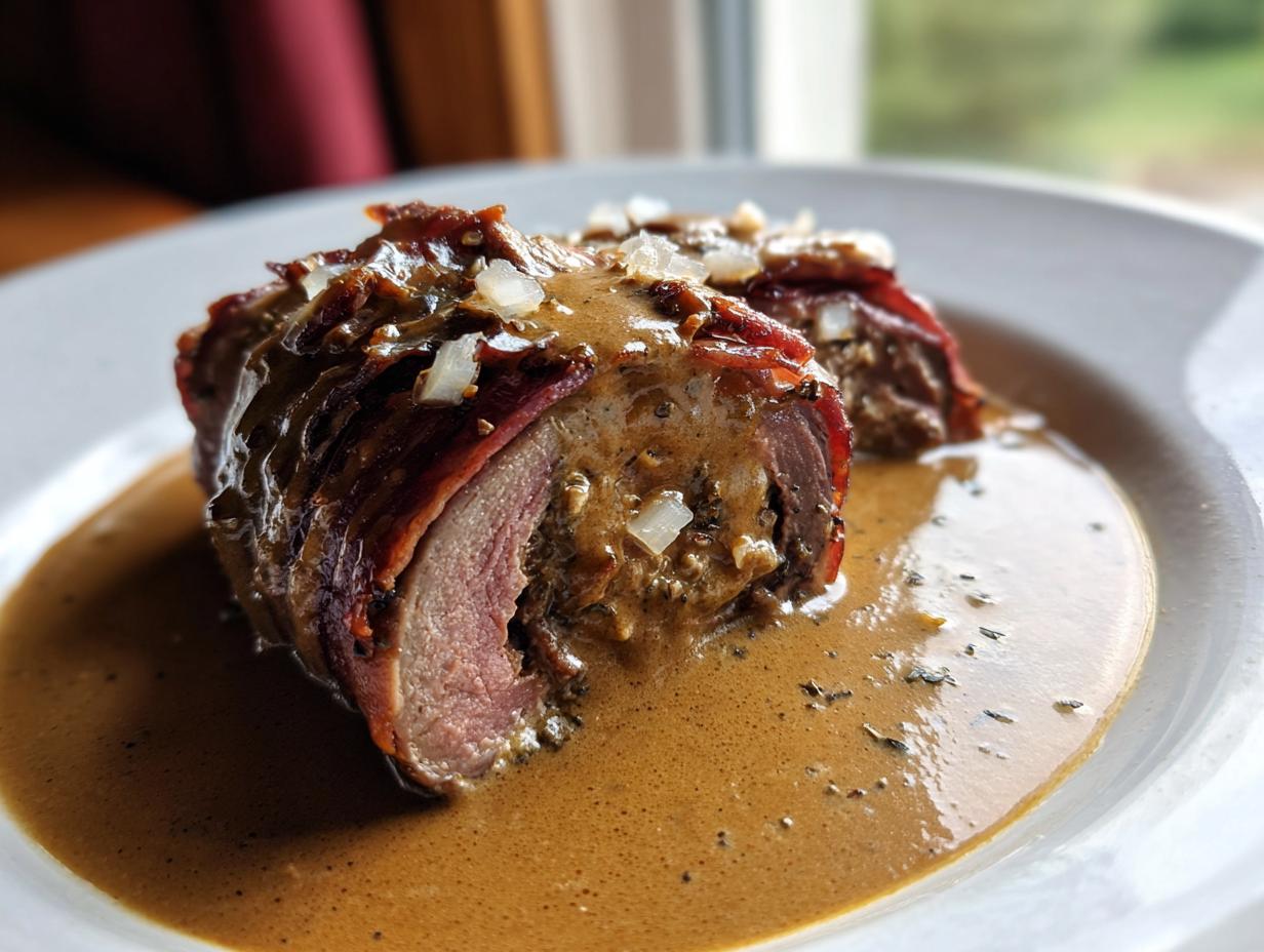 Anschnitt einer Rinderroulade mit Rahmsauce, üppig bedeckt und mit Zwiebelstückchen garniert.