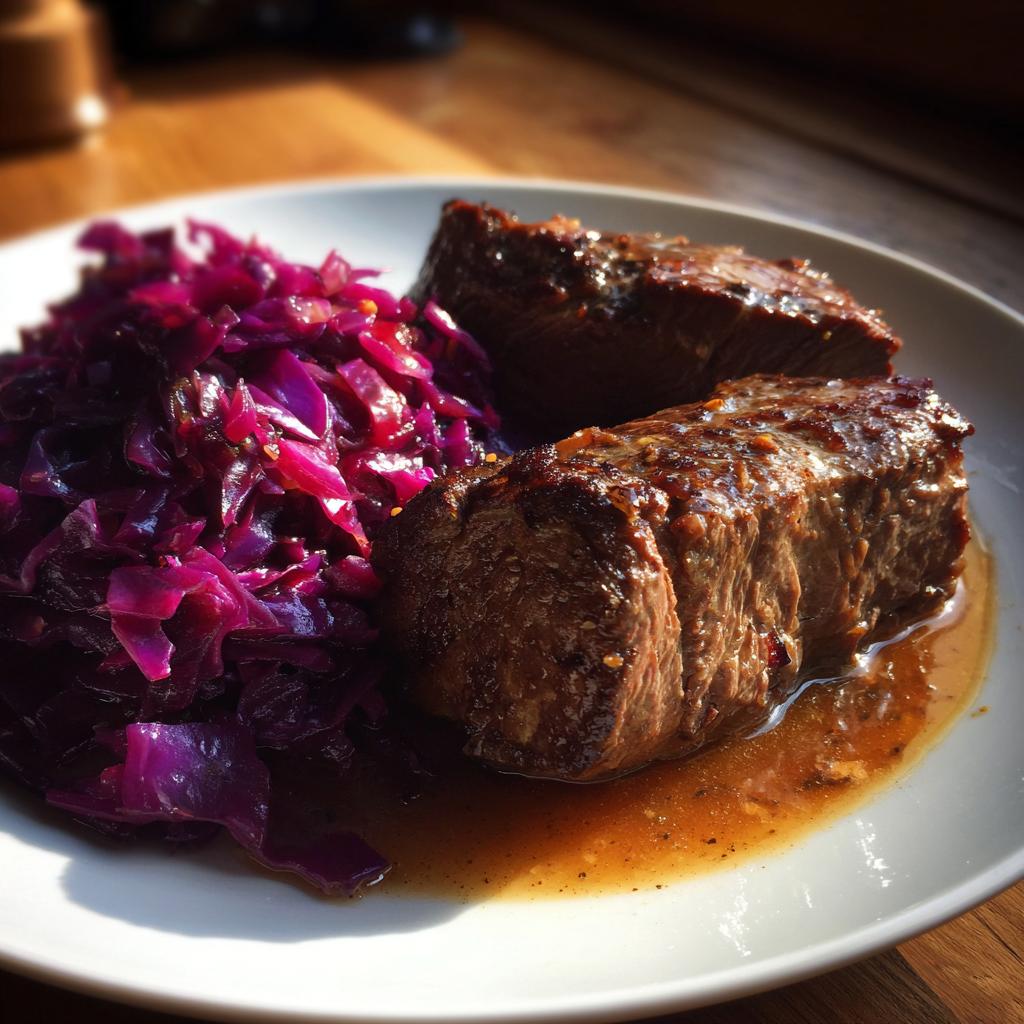 Zwei saftige Stücke Rinderrouladen mit dunkler Soße und einer Portion leuchtend rotem Rotkohl auf einem weißen Teller.