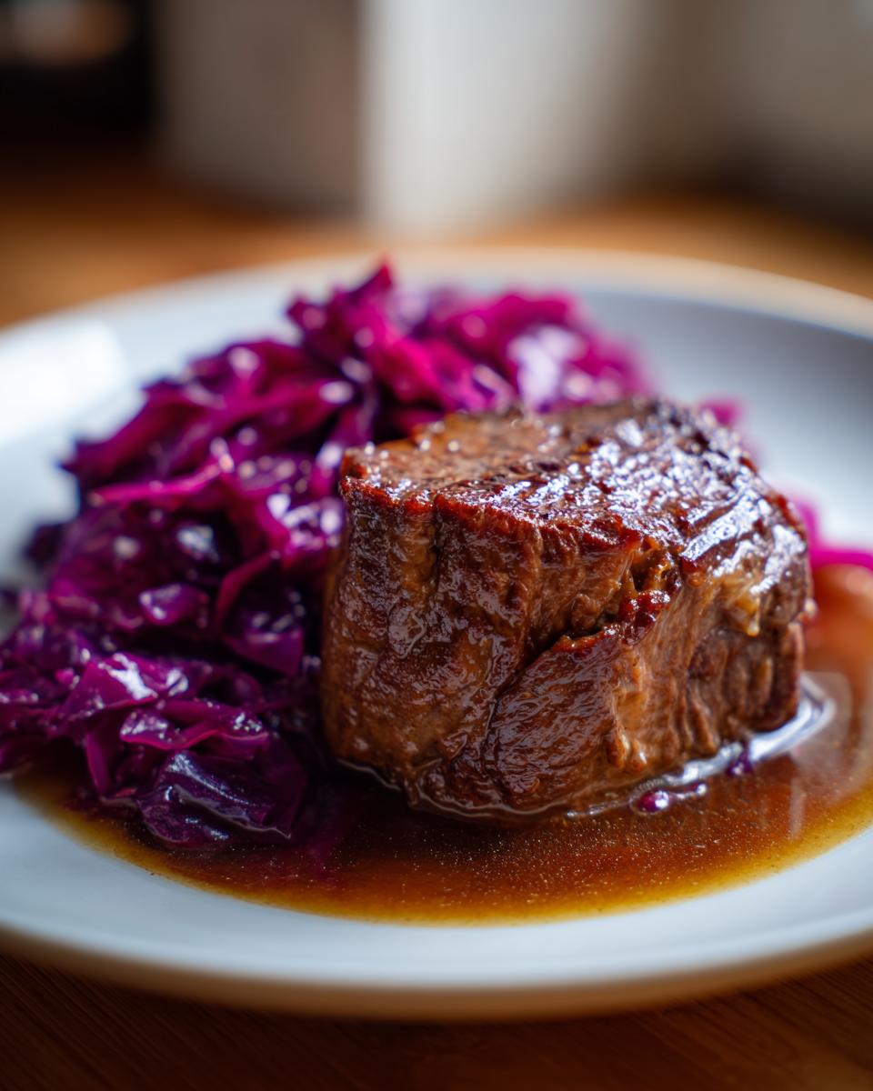 Nahaufnahme einer saftigen Rinderroulade mit dunkler Soße und leuchtend violettem Rotkohl auf einem weißen Teller.