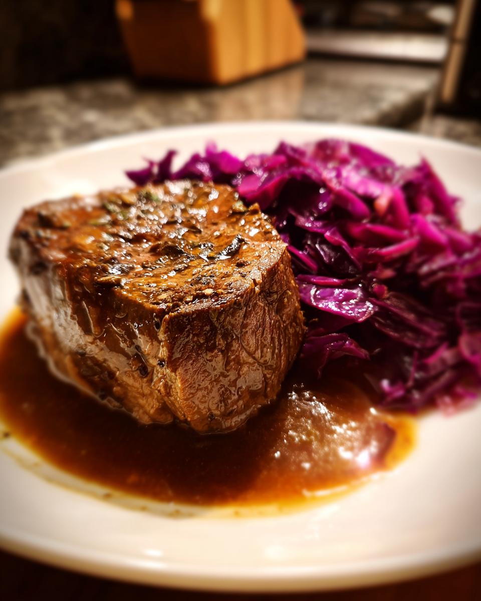 Ein saftiges Stück Rinderrouladen in dunkler Soße neben leuchtend violettem Rotkohl auf einem weißen Teller.