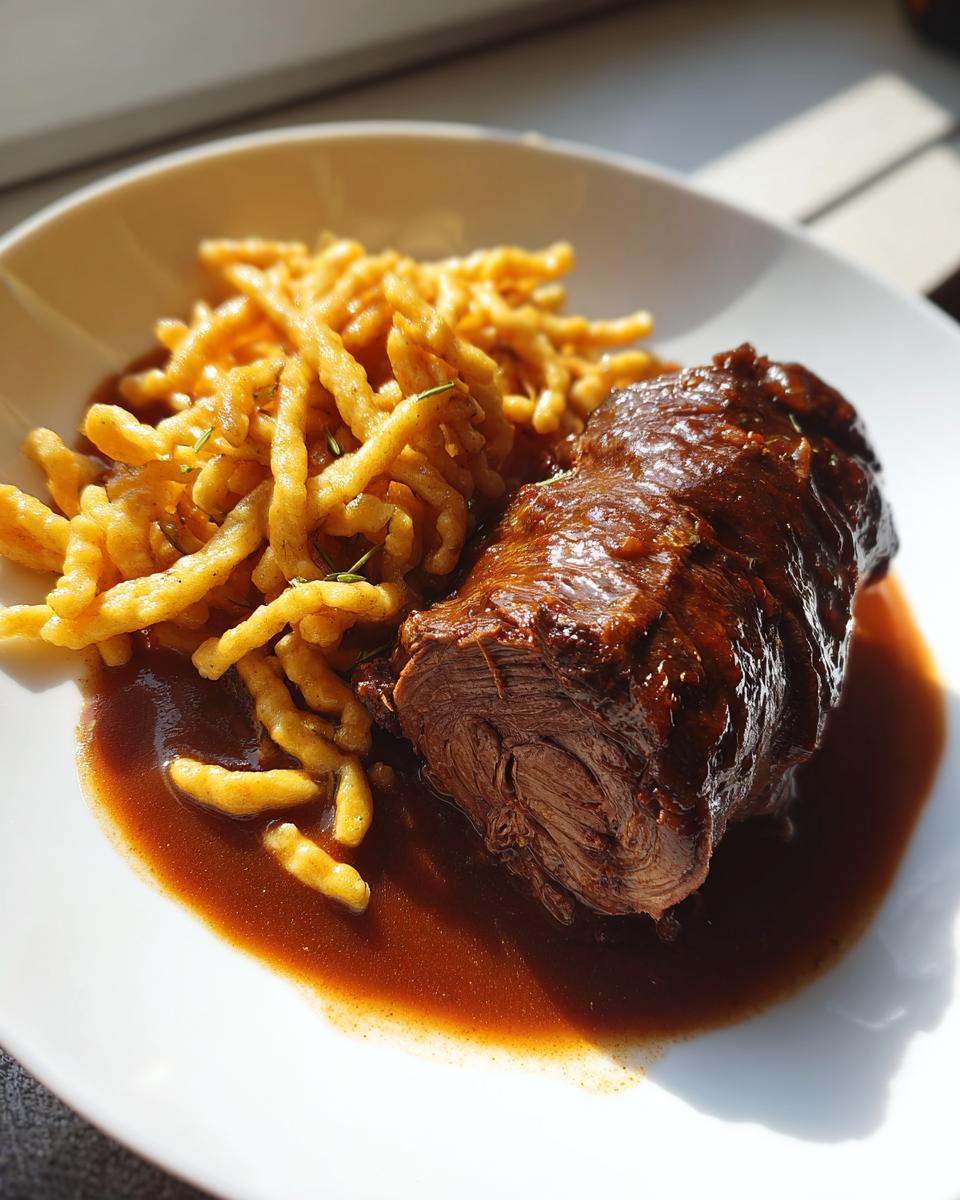 Ein saftiges Stück Rinderrouladen mit dunkler Soße und hausgemachten Spätzle auf einem weißen Teller.