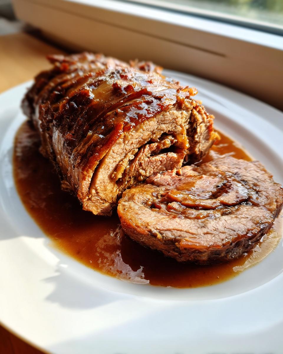 Anschnitt einer saftigen Rinderroulade mit Speck-Zwiebel-Füllung in dunkler Soße auf einem weißen Teller.