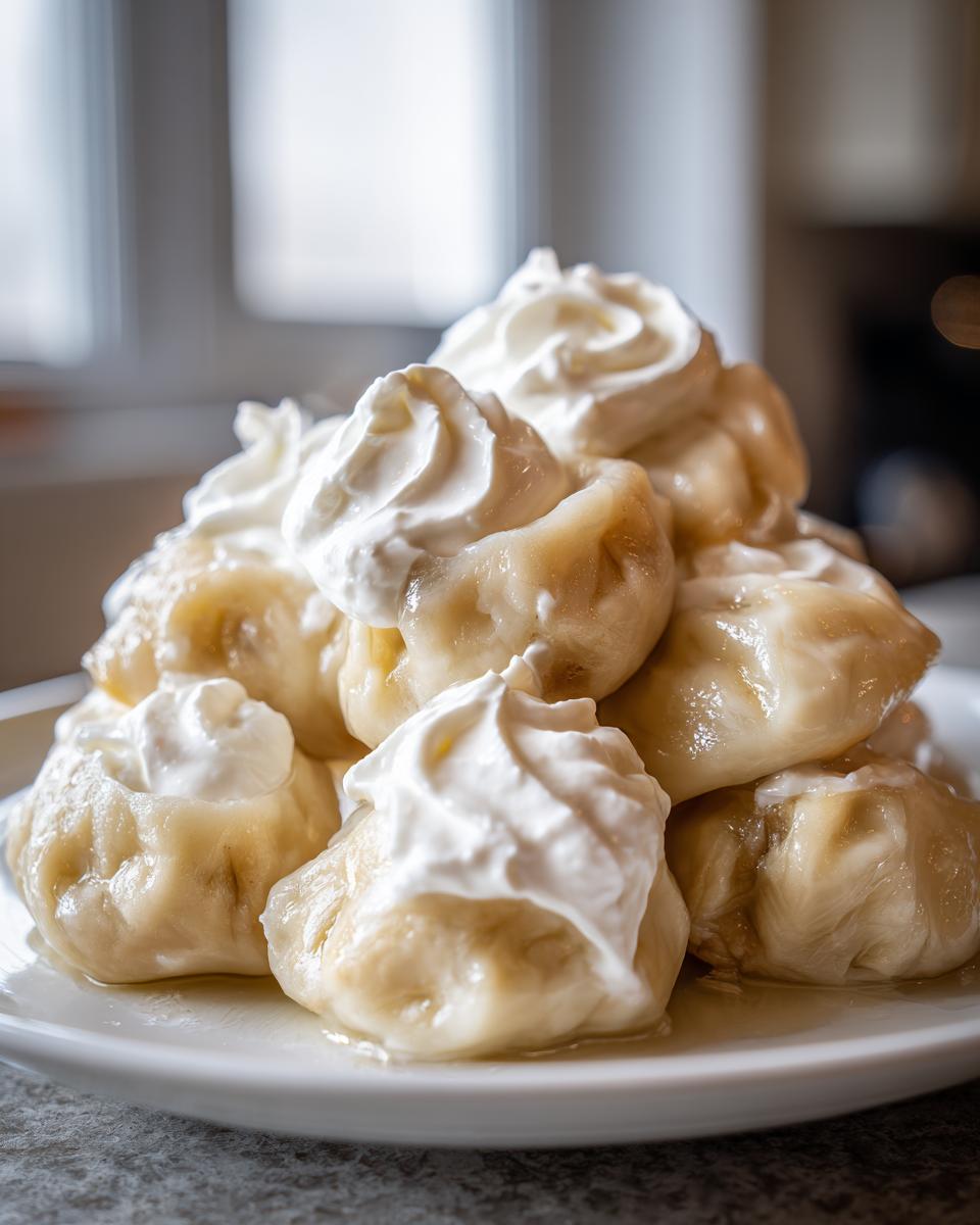 Ein Teller voller dampfender Russische Pelmeni mit Sauerrahm, appetitlich gestapelt.