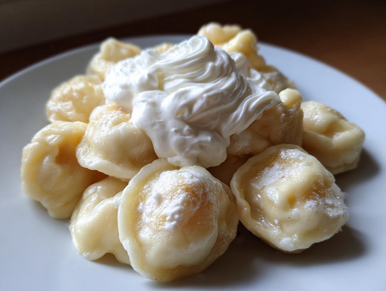 Ein Teller mit dampfenden Russische Pelmeni mit Sauerrahm, appetitlich angerichtet.