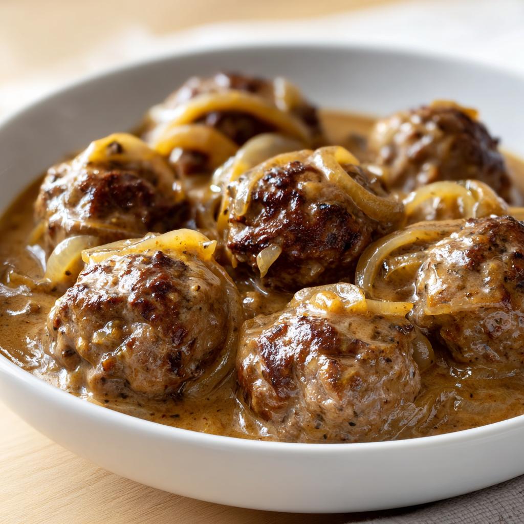 Nahaufnahme von saftigen Frikadellen in Zwiebelsauce in einer weißen Schüssel.