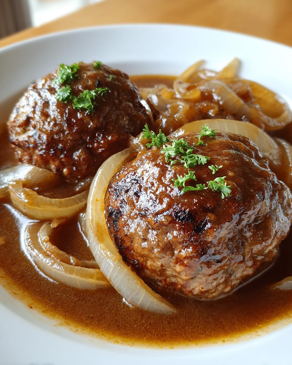 Zwei saftige Frikadellen in dunkler Zwiebelsauce, garniert mit Petersilie – perfekt für Frikadellen in Zwiebelsauce.