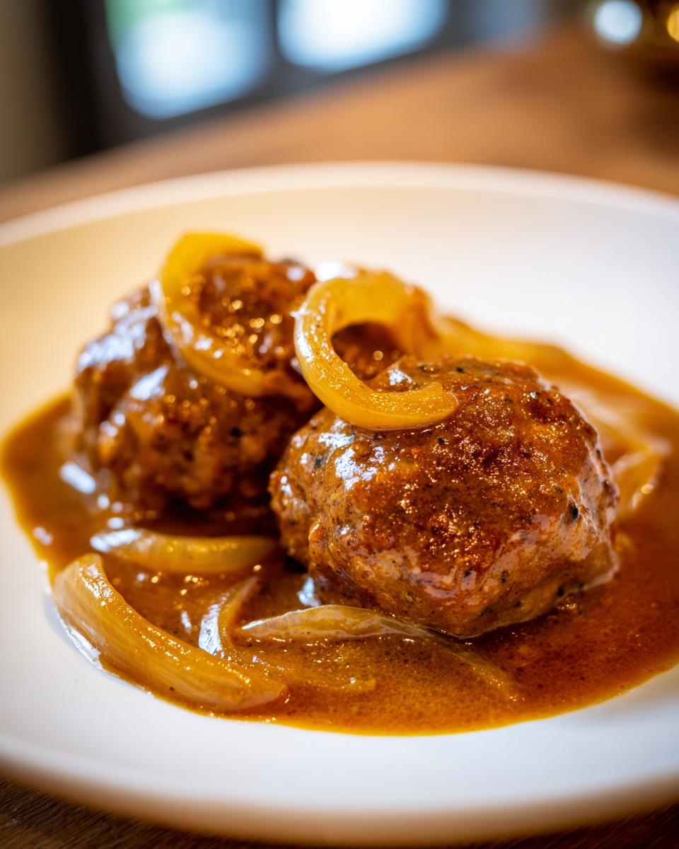 Nahaufnahme von zwei saftigen Frikadellen in reichhaltiger Zwiebelsauce mit karamellisierten Zwiebelringen.