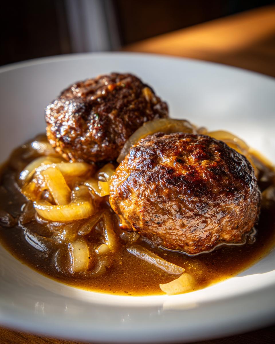 Zwei gebratene Frikadellen in reichhaltiger, dunkler Zwiebelsauce mit karamellisierten Zwiebelringen.