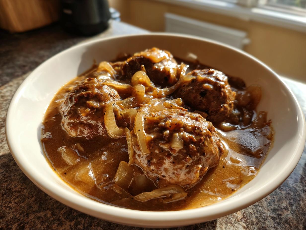 Nahaufnahme von saftigen Frikadellen in Zwiebelsauce in einer weißen Schüssel, perfekt für das Rezept.