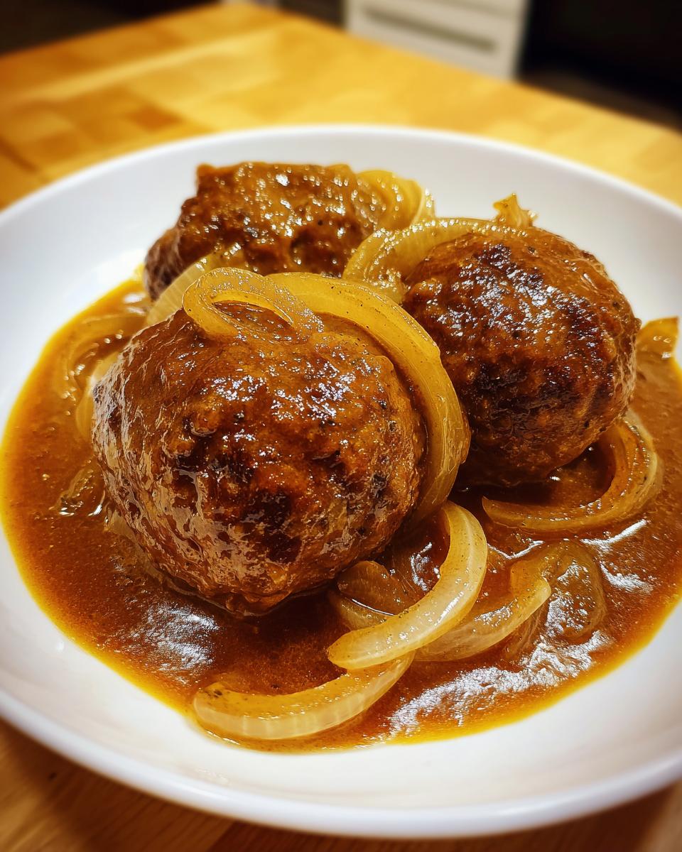Drei saftige Frikadellen in reichhaltiger Zwiebelsauce mit karamellisierten Zwiebelringen.