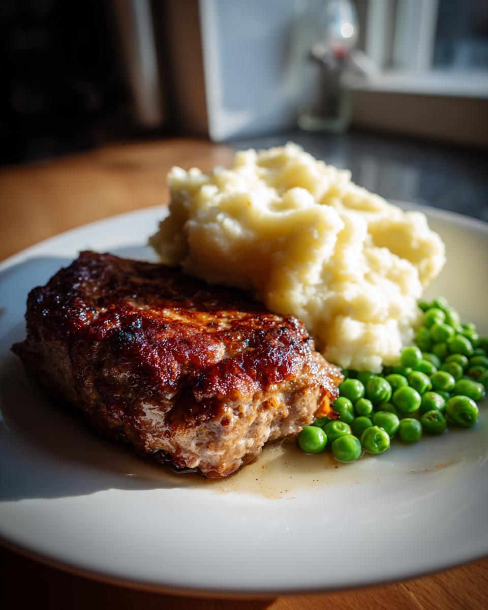 Ein Teller mit saftigen Frikadellen, cremigem Kartoffelpüree und leuchtend grünen Erbsen.
