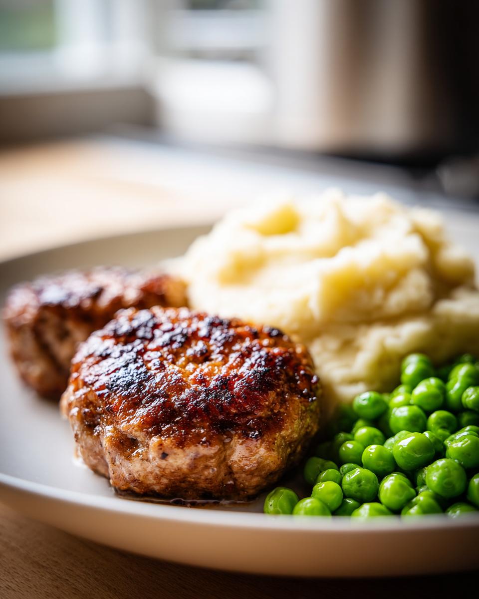 Nahaufnahme von saftigen Frikadellen mit Kartoffelpüree und leuchtend grünen Erbsen auf einem Teller.
