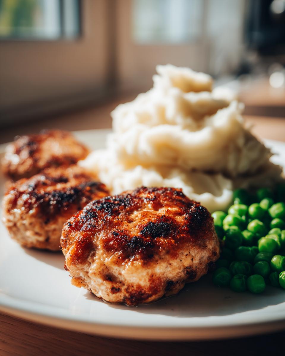 Drei saftige, goldbraun gebratene Frikadellen mit cremigem Kartoffelpüree und grünen Erbsen auf einem Teller.
