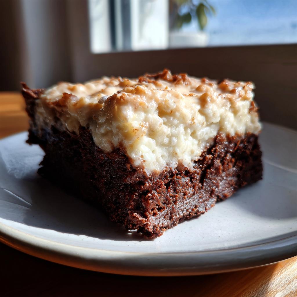 Ein saftiges Stück Milchreis-Brownies mit einer dicken, cremigen Milchreis-Schicht auf dunklem Schokoboden.