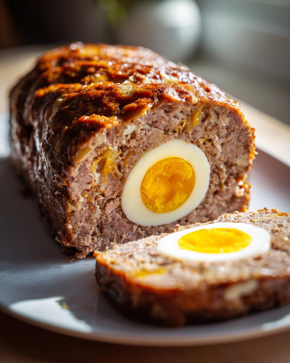 Ein saftiger Hackbraten gefüllt mit Ei, angeschnitten auf einem Teller, das Eigelb leuchtet.