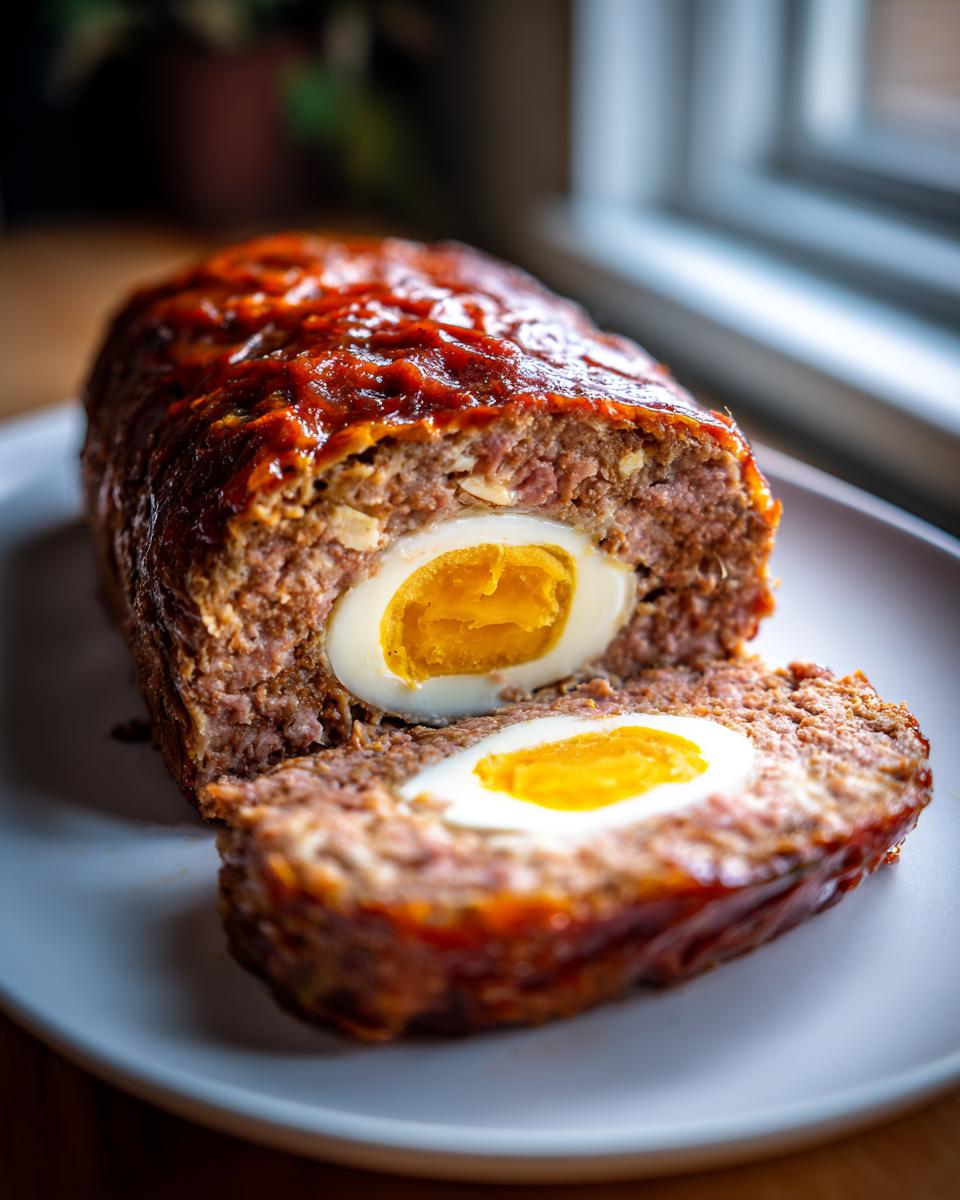 Aufgeschnittener Hackbraten gefüllt mit Ei auf einem Teller, das Eigelb leuchtet.