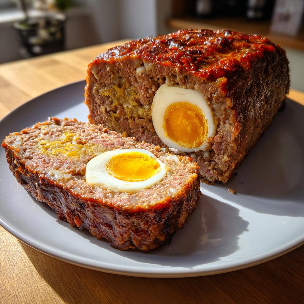 Saftiger Anschnitt eines Hackbratens gefüllt mit Ei, schön gebräunt und auf einem Teller angerichtet.