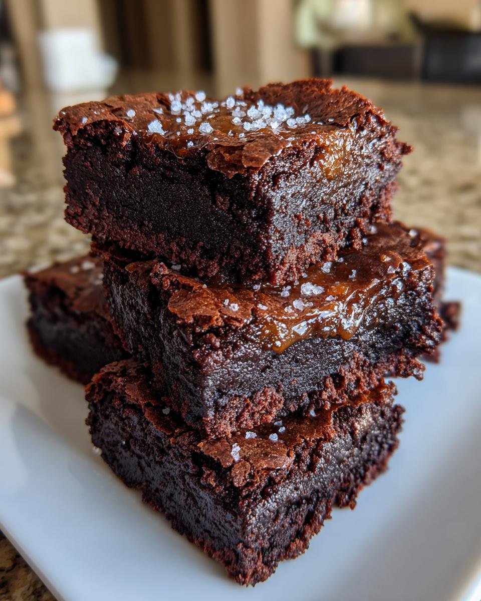 Stapel von saftigen Salted-Caramel-Brownie-Bites, beträufelt mit Karamell und Meersalzflocken.