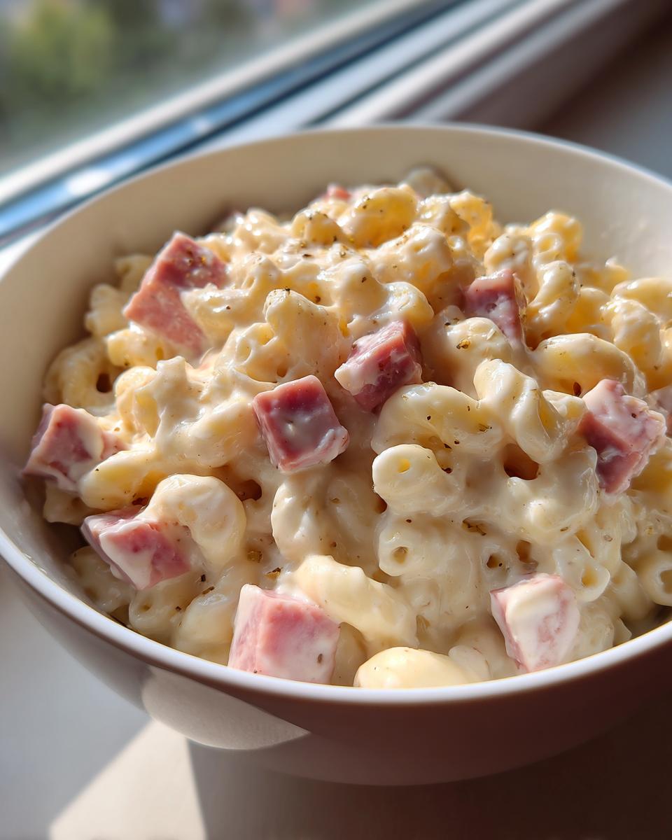 Eine Schüssel mit cremigen Schinken-Käse-Nudeln aus einem Topf, reichlich bedeckt mit Käsesauce und Schinkenwürfeln.