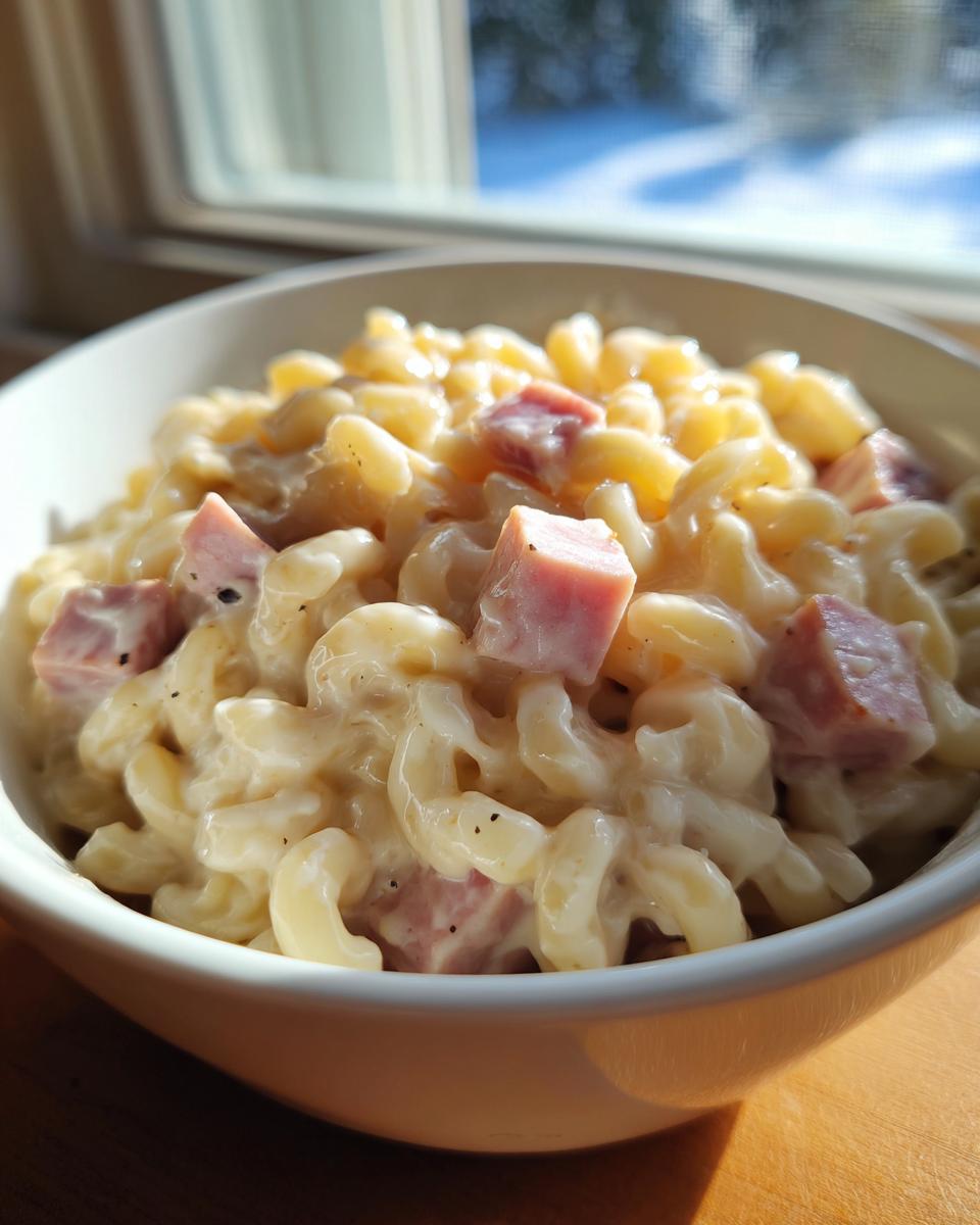 Eine Schüssel dampfender Schinken-Käse-Nudeln aus einem Topf mit cremiger Sauce und Schinkenwürfeln.