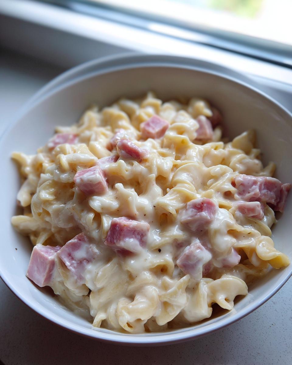 Cremige Schinken-Käse-Nudeln aus einem Topf mit großen Schinkenwürfeln in einer weißen Schale.