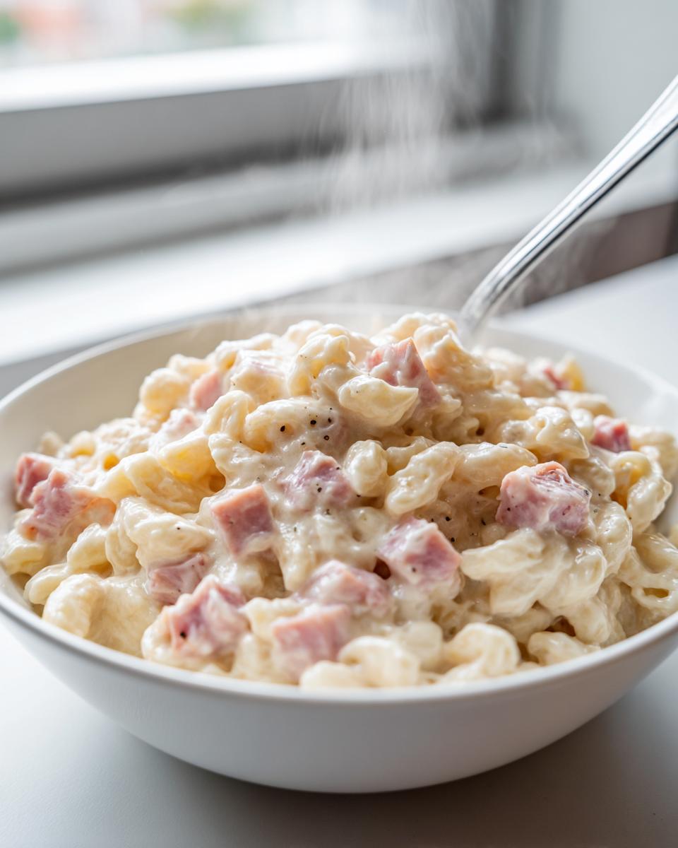 Nahaufnahme von dampfenden Schinken-Käse-Nudeln aus einem Topf in einer weißen Schüssel, mit einem Löffel bereit zum Essen.