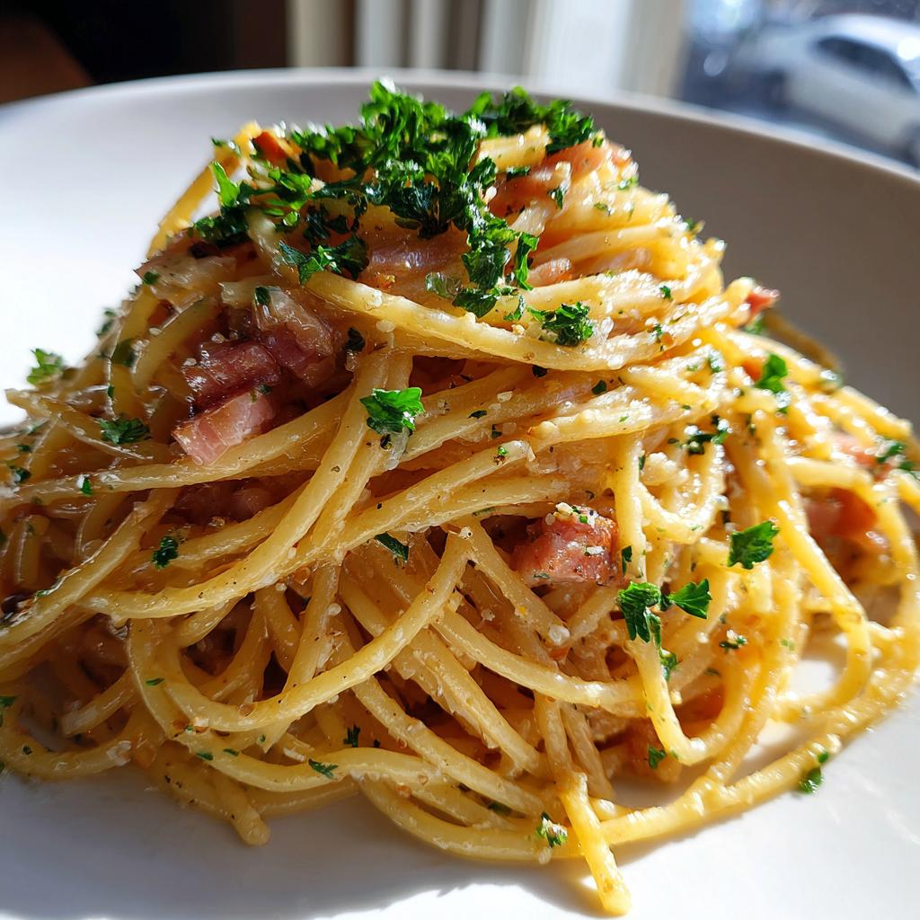Nahaufnahme von cremigen Schinken-Sahne-Spaghetti, garniert mit frischer Petersilie auf einem weißen Teller.
