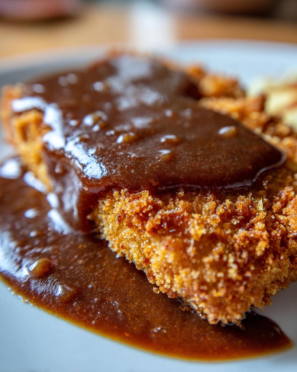 Nahaufnahme von einem panierten Schnitzel, übergossen mit einer dunklen, glänzenden Biersauce – das perfekte Schnitzel in Biersauce.