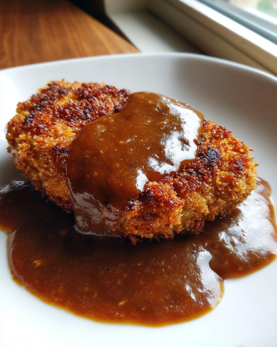 Knuspriges Schnitzel übergossen mit dunkler, sämiger Biersauce auf einem weißen Teller.