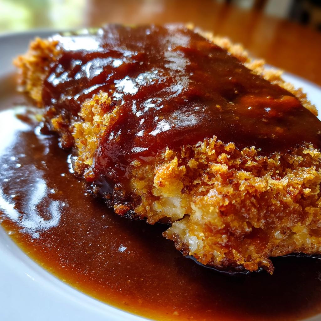 Nahaufnahme eines panierten Schnitzels, übergossen mit einer reichhaltigen, dunklen Biersauce.